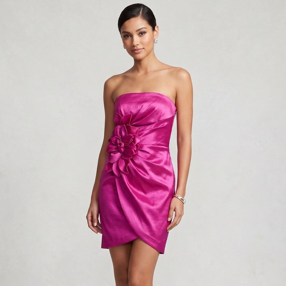 Jessica McClintock Fuchsia Strapless Dress Womens 6 Pink Stretch Flower Detail